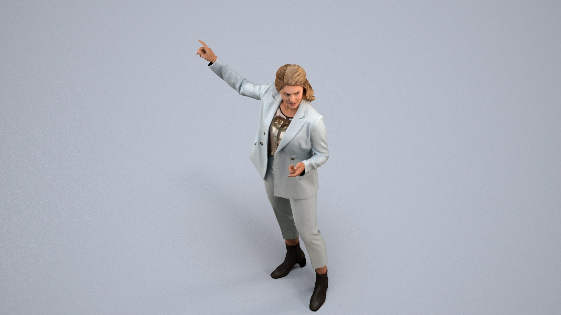 3D human model woman business, photogrammetry scanned person for archviz, back view render
