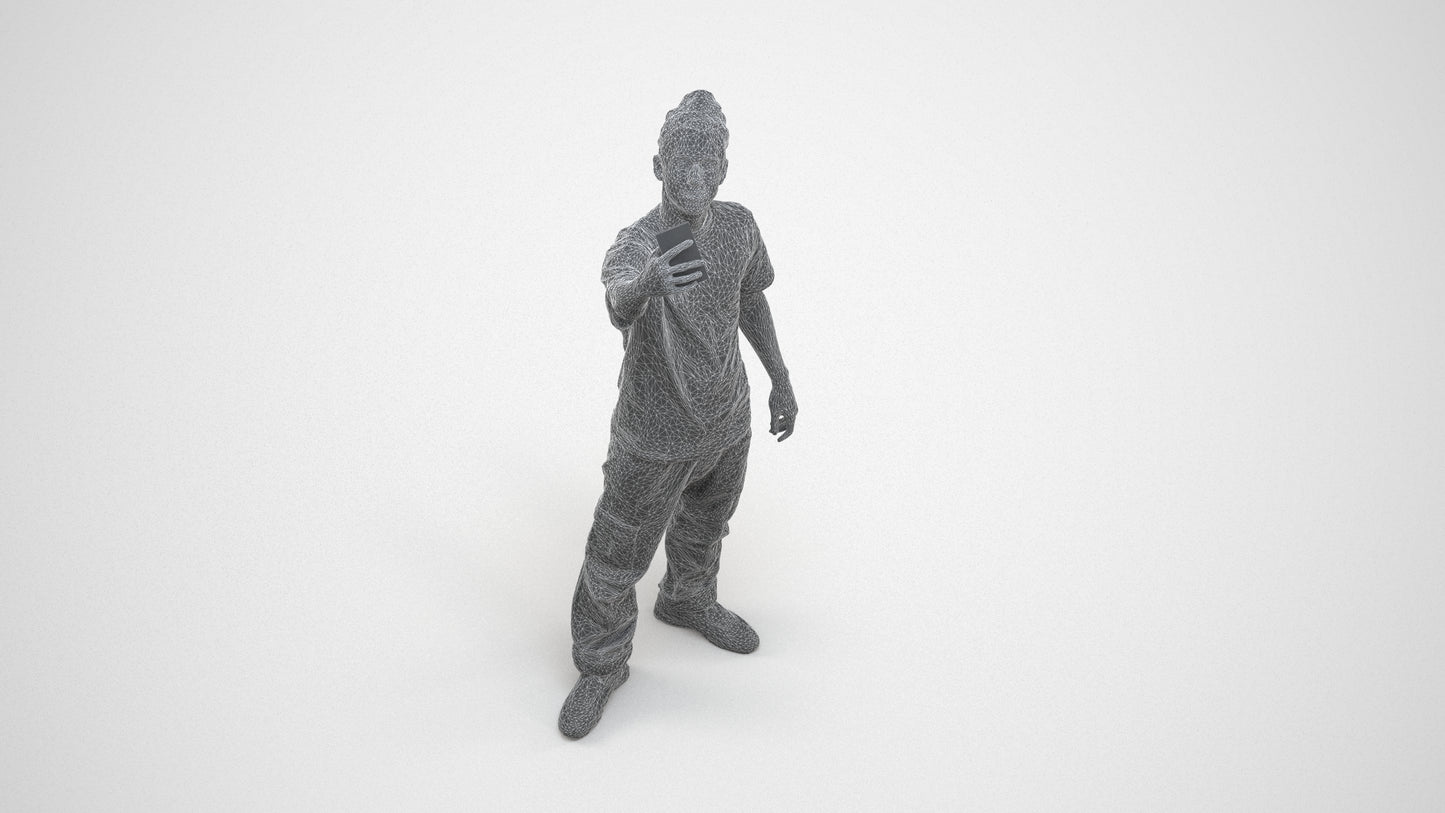 3D human model man casual standing, photogrammetry scanned person for archviz, wireframe three-quarter view