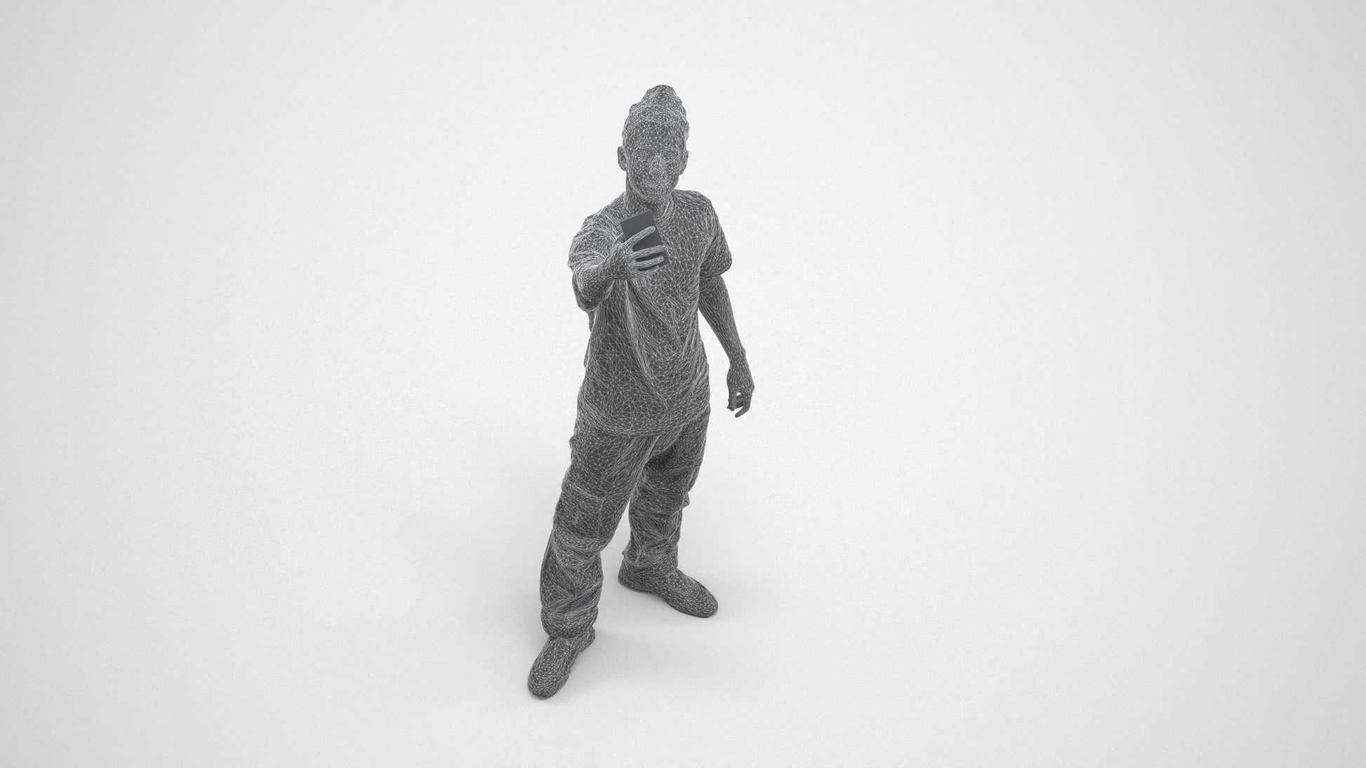 3D human model man casual standing, photogrammetry scanned person for archviz, wireframe three-quarter view