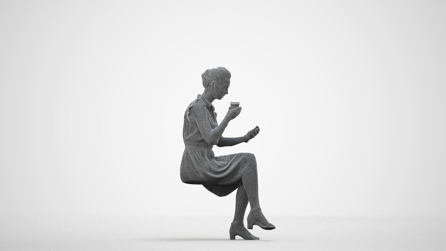 3D scanned woman sitting casual, photorealistic archviz people for Enscape and SketchUp, wireframe side view