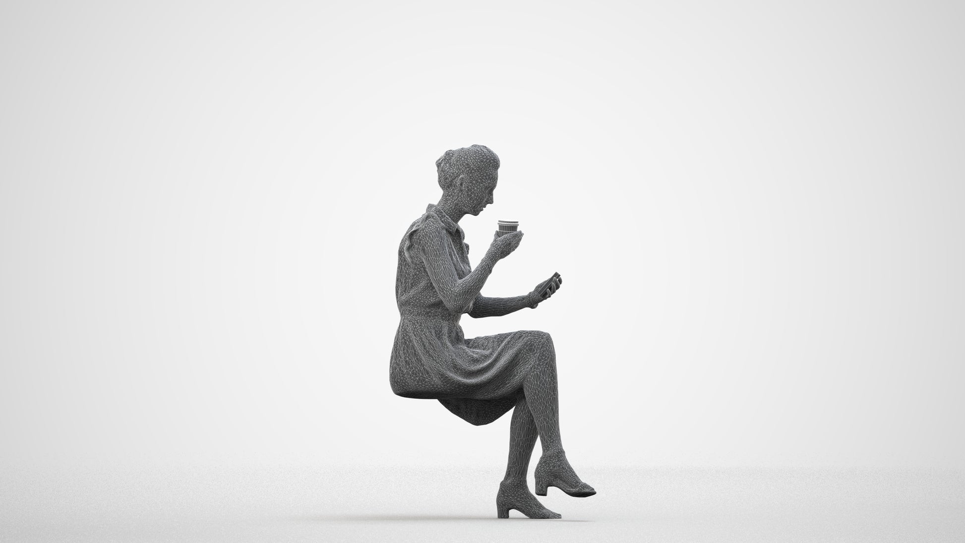 3D scanned woman sitting casual, photorealistic archviz people for Enscape and SketchUp, wireframe side view