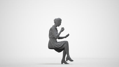 3D scanned woman sitting casual, photorealistic archviz people for Enscape and SketchUp, wireframe side view