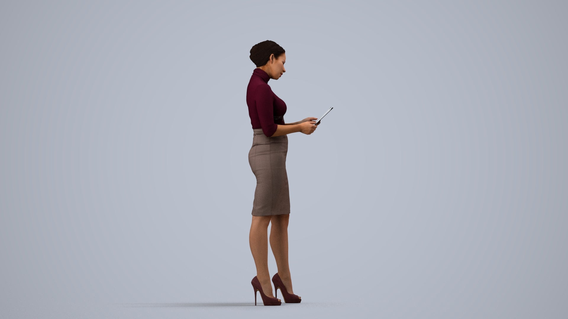 3D scanned woman standing business, photorealistic archviz people for Enscape and SketchUp, side view render