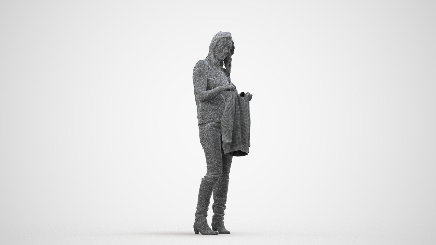 3D people model woman casual standing, scanned human for 3ds Max rendering, wireframe side view