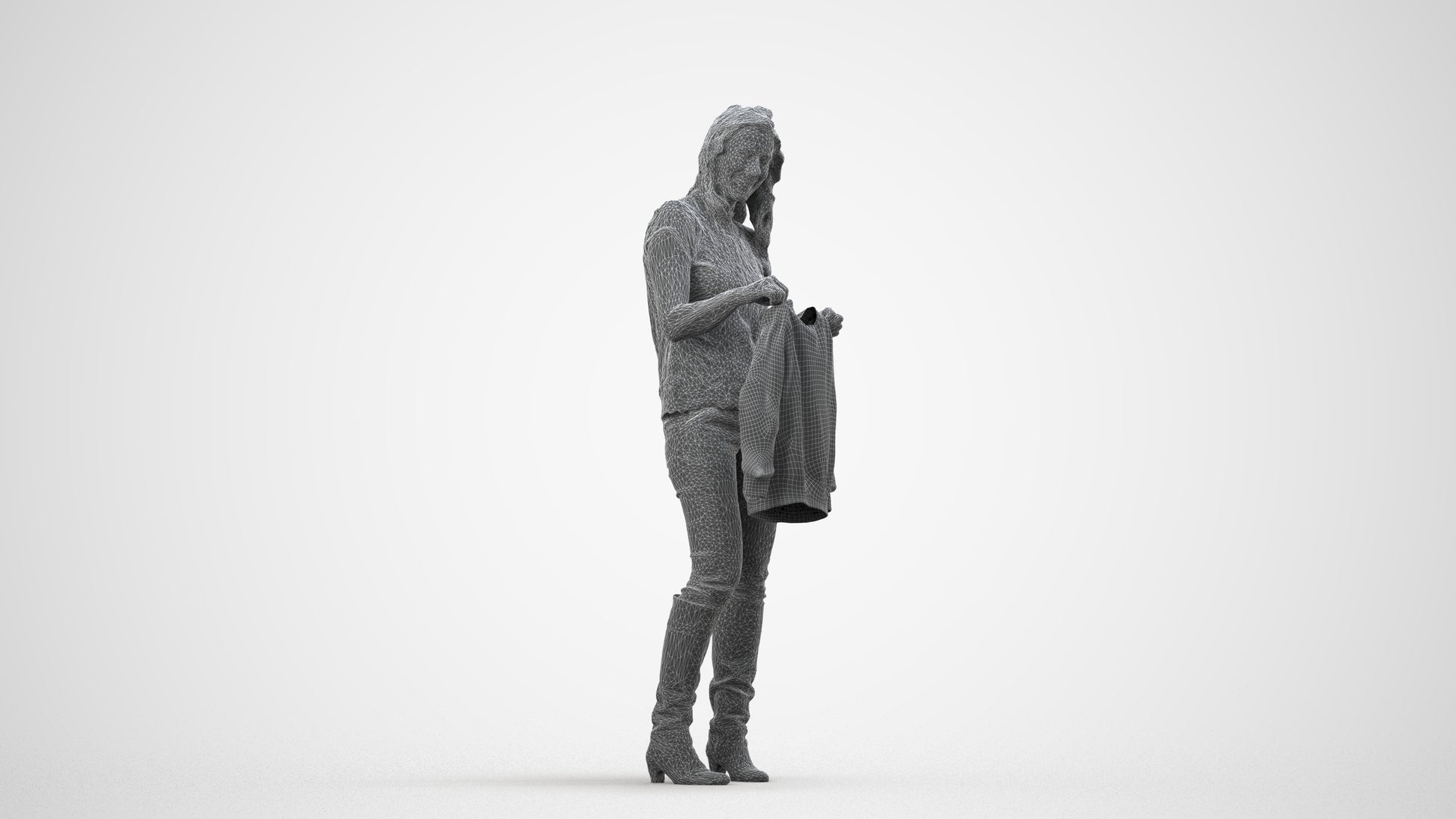 3D people model woman casual standing, scanned human for 3ds Max rendering, wireframe side view