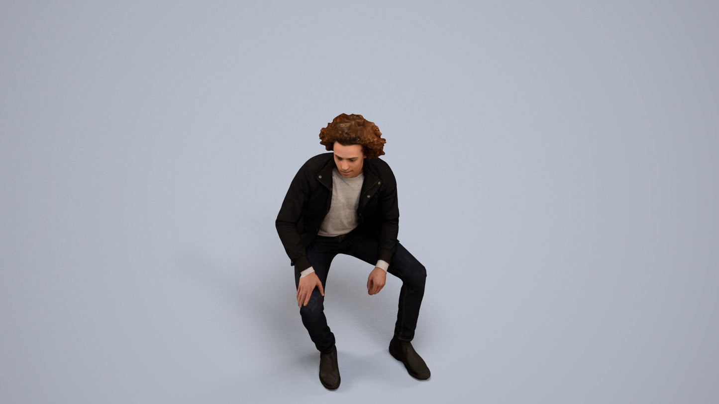 scanned 3D man casual sitting, photogrammetry people for Enscape and V-Ray, back view render