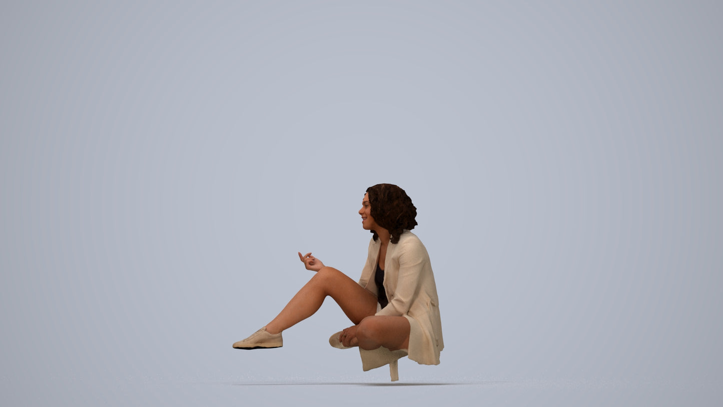 3D human model woman business sitting, photogrammetry scanned person for archviz, top-down view render