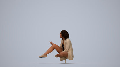 3D human model woman business sitting, photogrammetry scanned person for archviz, top-down view render