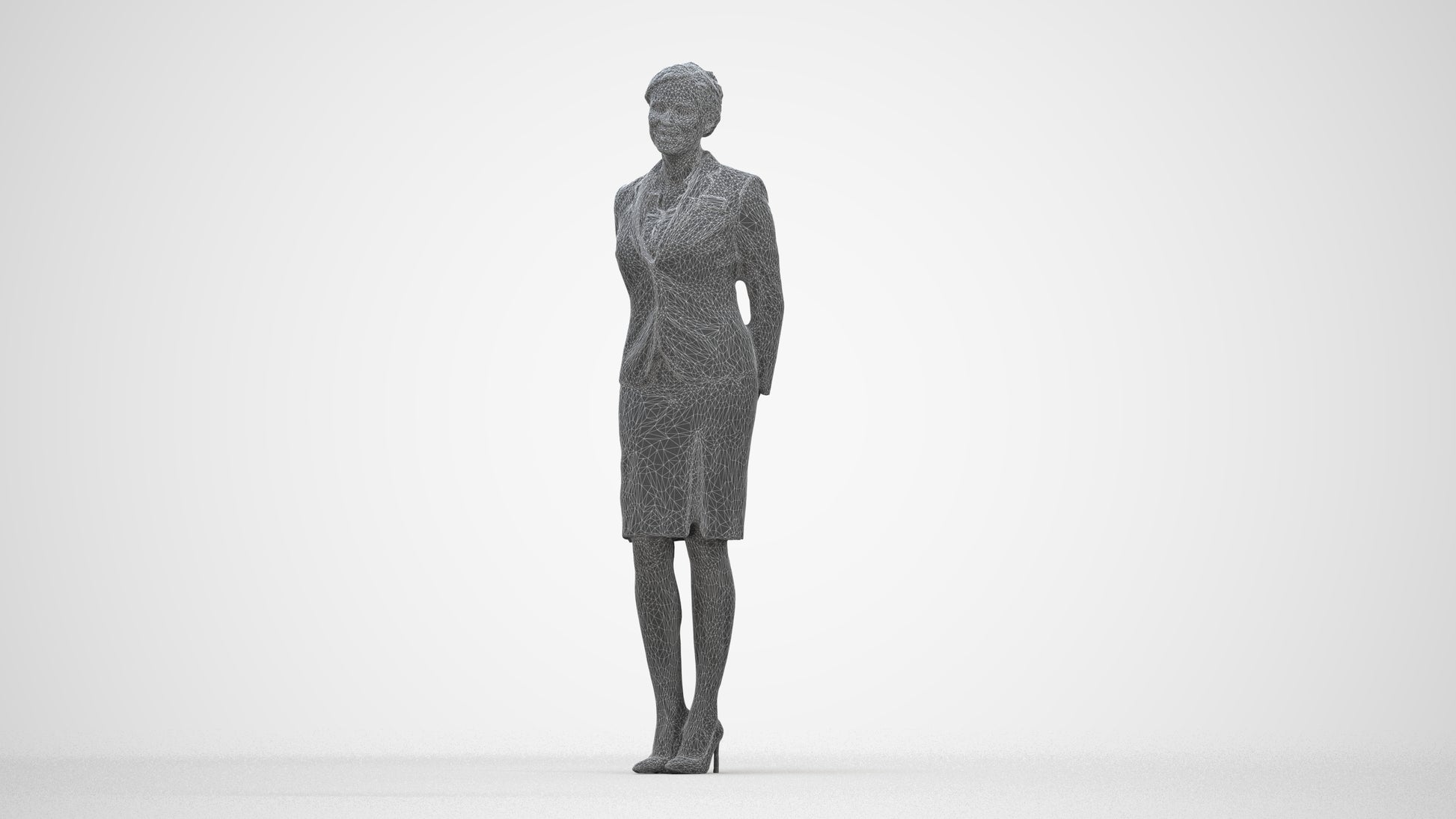 realistic 3D woman hospitality, scanned archviz people for Blender and 3ds Max, wireframe back view