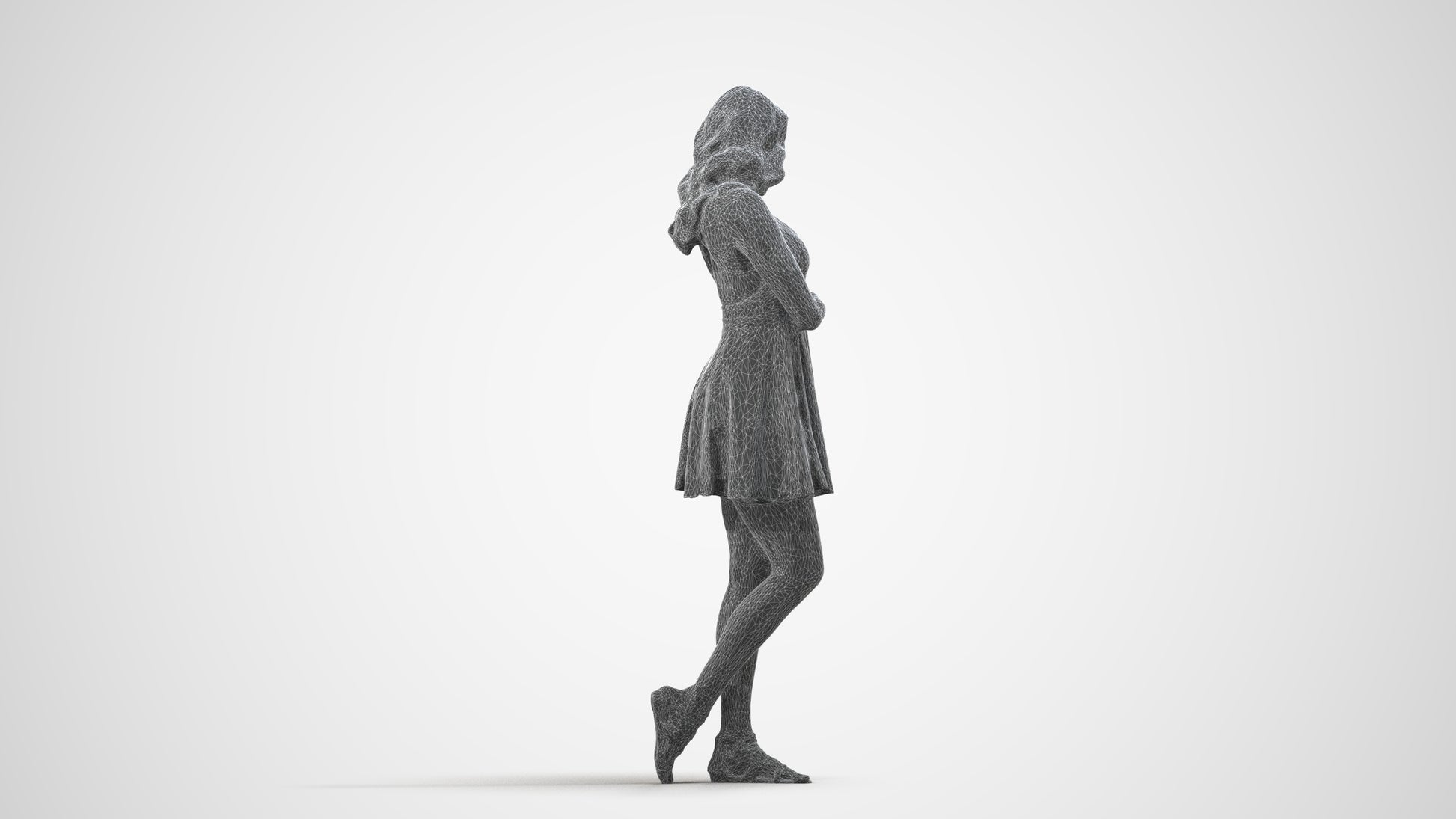 realistic 3D woman walking, scanned archviz people for Blender and 3ds Max, wireframe side view