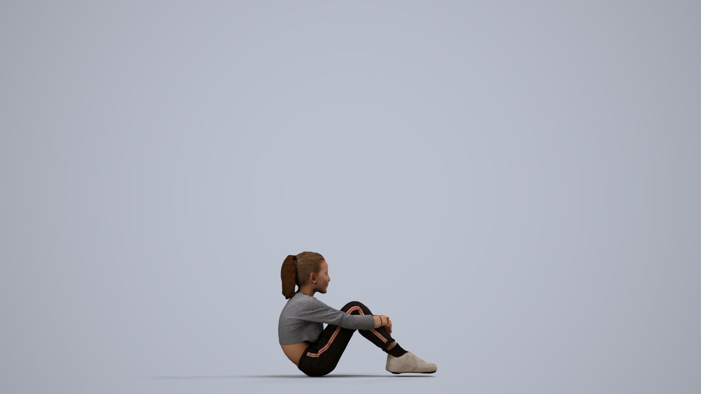 realistic 3D girl casual kids, scanned archviz people for Blender and 3ds Max, side view render
