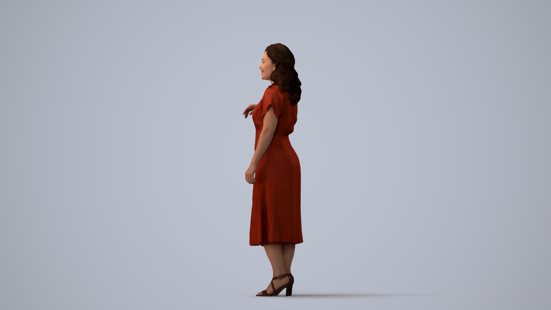 realistic 3D woman casual standing, scanned archviz people for Blender and 3ds Max, three-quarter view render