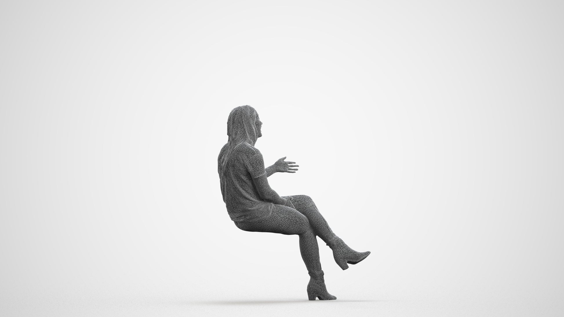 3D scanned woman sitting casual, photorealistic archviz people for Enscape and SketchUp, wireframe front view