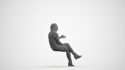 3D scanned woman sitting casual, photorealistic archviz people for Enscape and SketchUp, wireframe front view