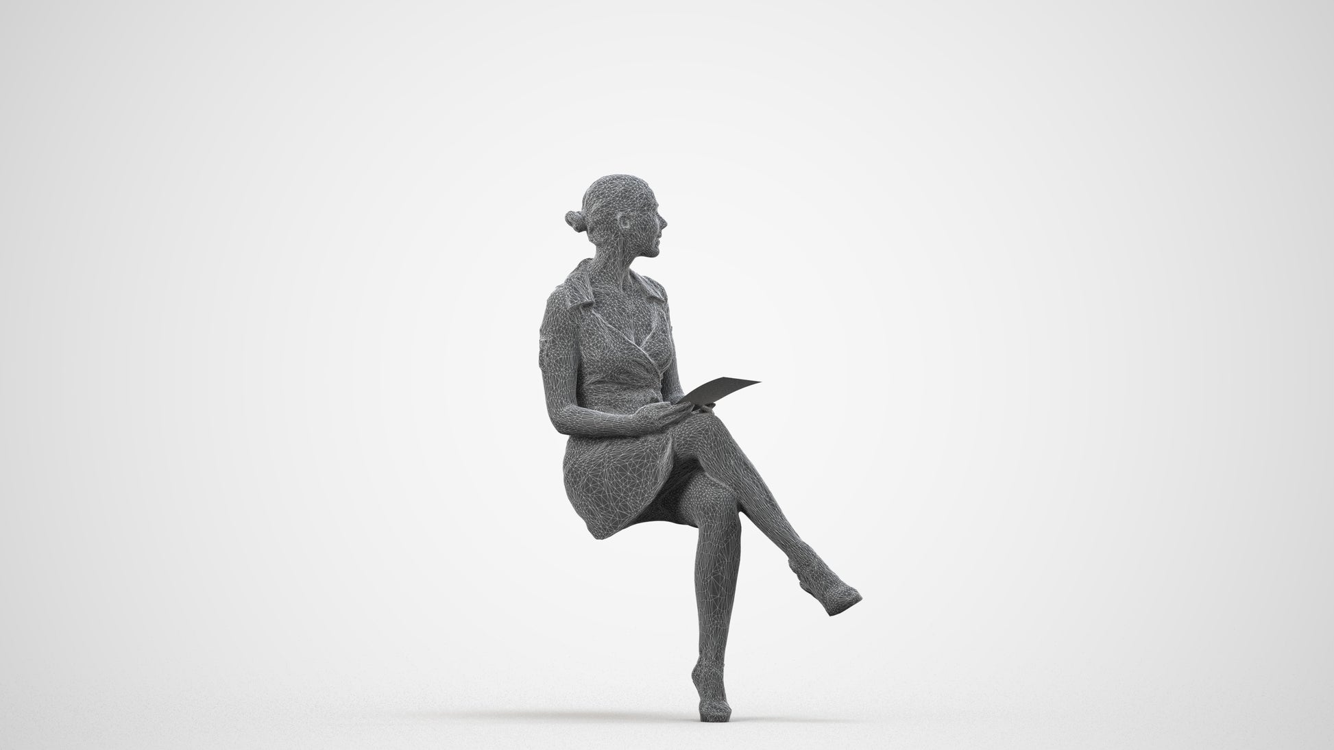 3D scanned woman sitting business, photorealistic archviz people for Enscape and SketchUp, wireframe side view