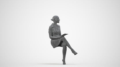 3D scanned woman sitting business, photorealistic archviz people for Enscape and SketchUp, wireframe side view