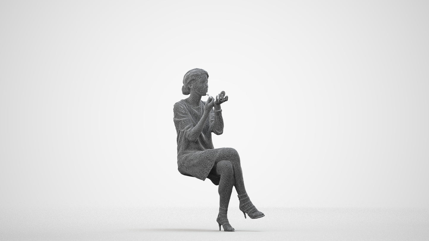 3D people model woman casual sitting, scanned human for 3ds Max rendering, wireframe side view