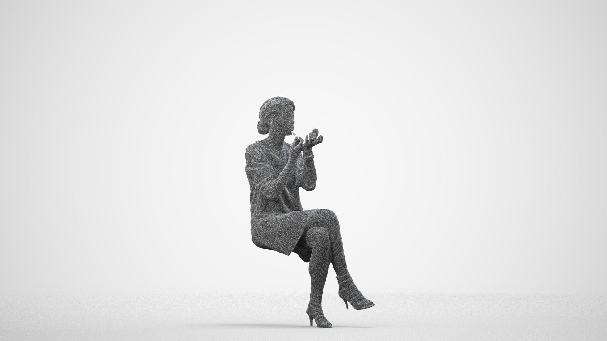 3D people model woman casual sitting, scanned human for 3ds Max rendering, wireframe side view