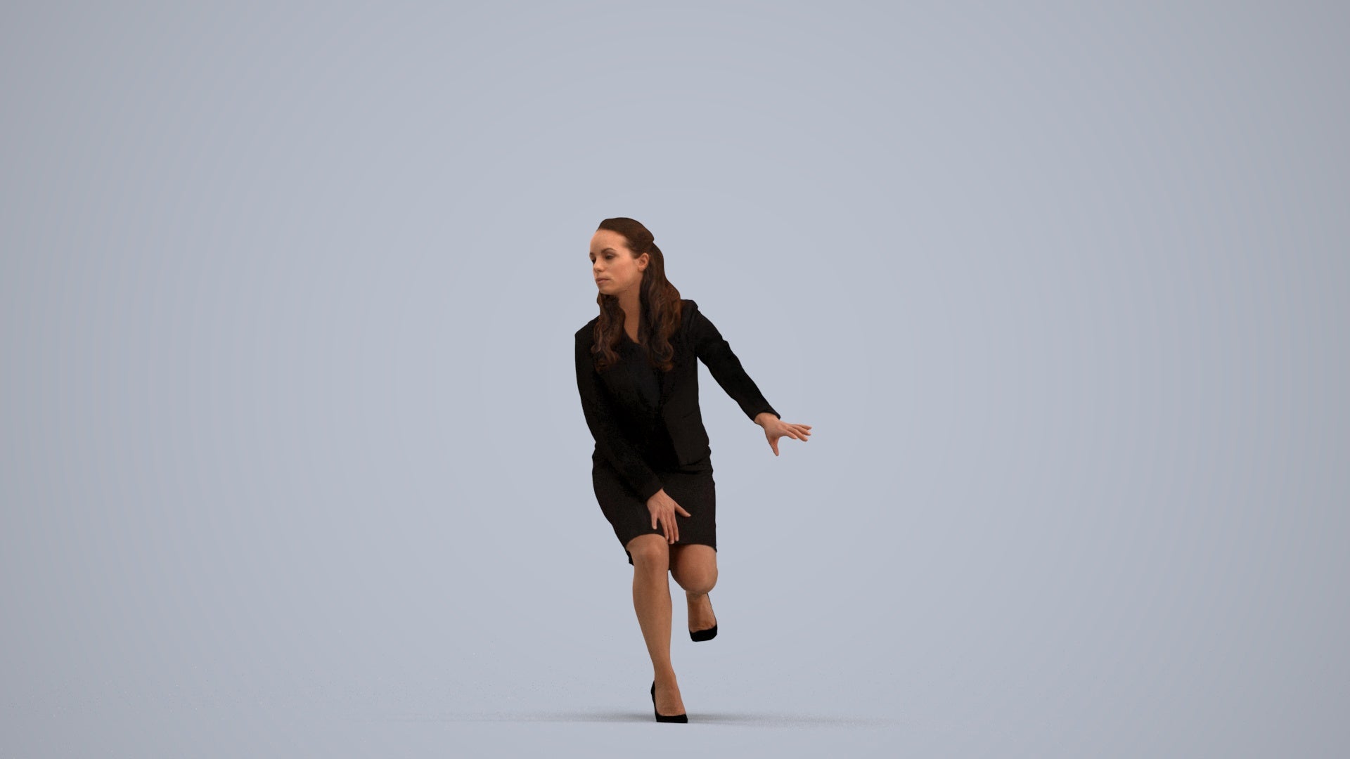 3D human model woman business sitting, photogrammetry scanned person for archviz, standing pose render