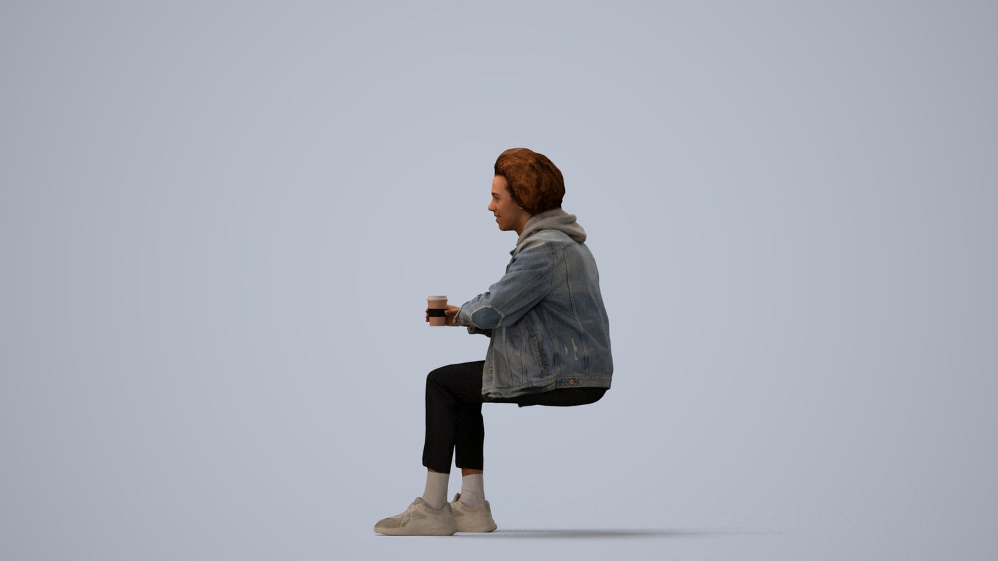 photogrammetry 3D man casual sitting, realistic human model archviz FBX, three-quarter view render