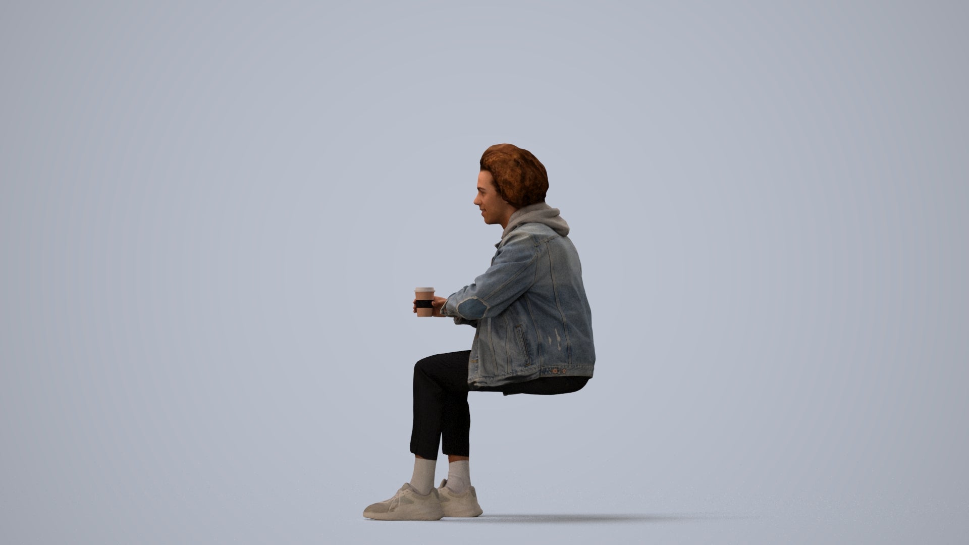 photogrammetry 3D man casual sitting, realistic human model archviz FBX, three-quarter view render