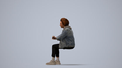 photogrammetry 3D man casual sitting, realistic human model archviz FBX, three-quarter view render