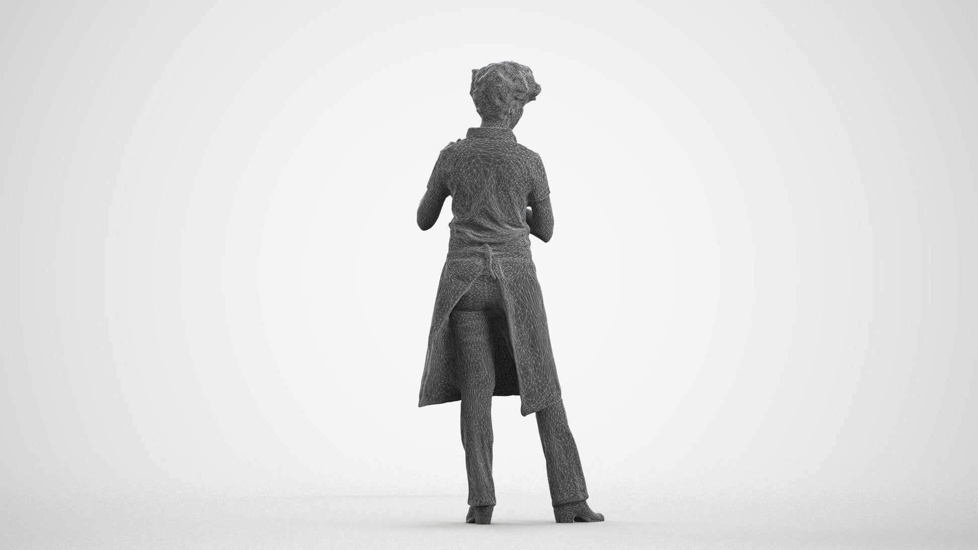 3D scanned woman hospitality, photorealistic archviz people for Enscape and SketchUp, wireframe front view
