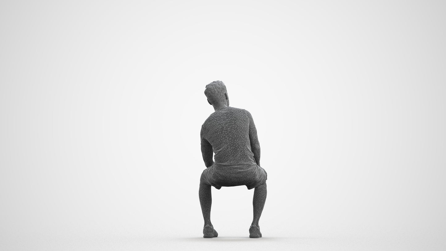 realistic 3D human man casual sitting, archviz people FBX OBJ for Blender, wireframe front view