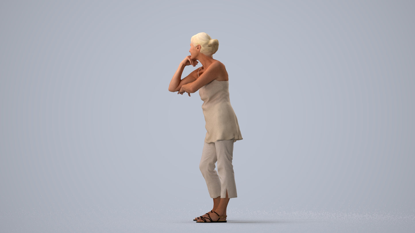 photogrammetry 3D senior woman casual standing, realistic human model archviz FBX, three-quarter view render