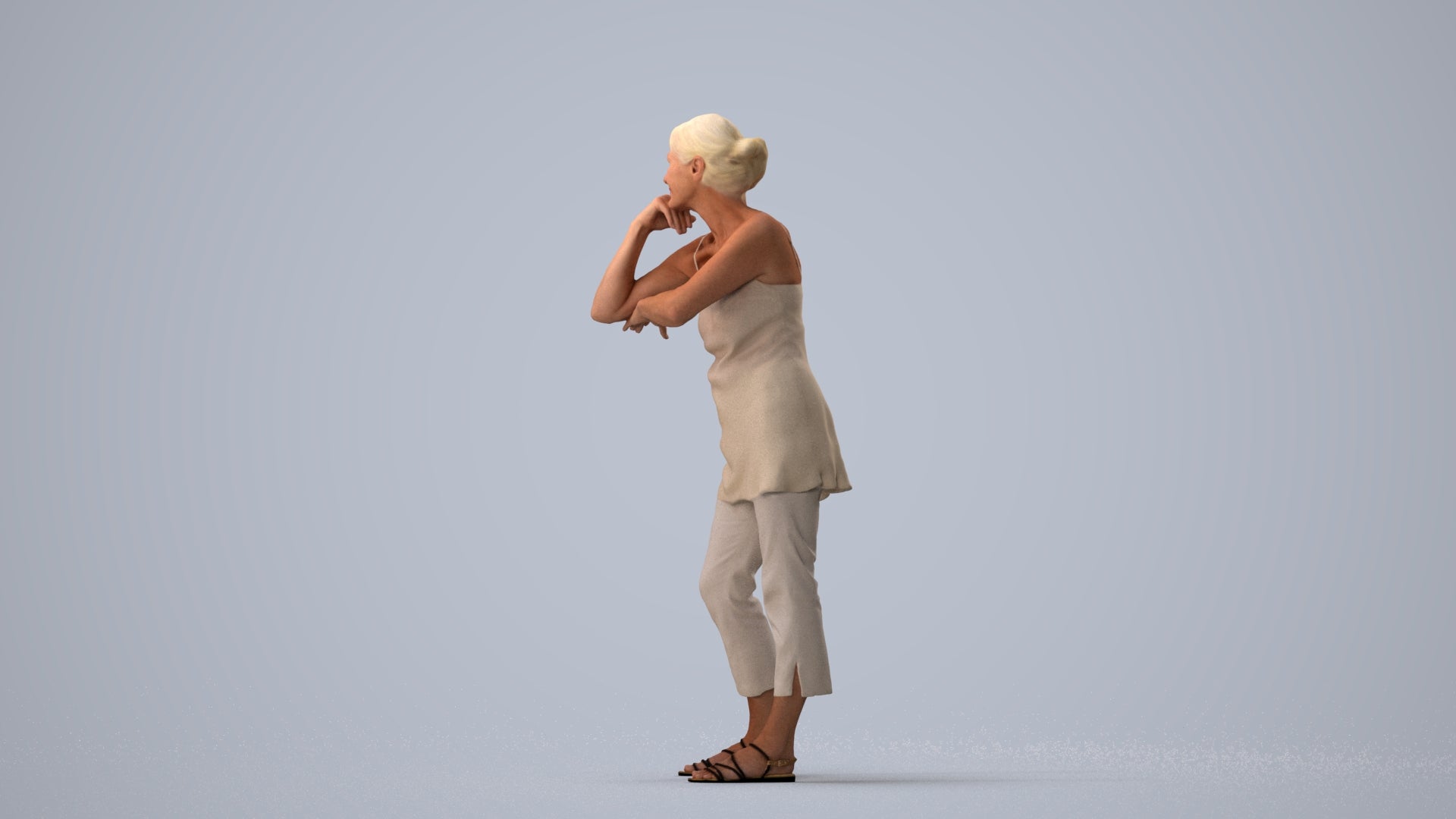 photogrammetry 3D senior woman casual standing, realistic human model archviz FBX, three-quarter view render
