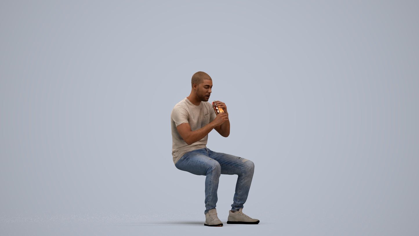 3D human model man casual sitting, photogrammetry scanned person for archviz, standing pose render