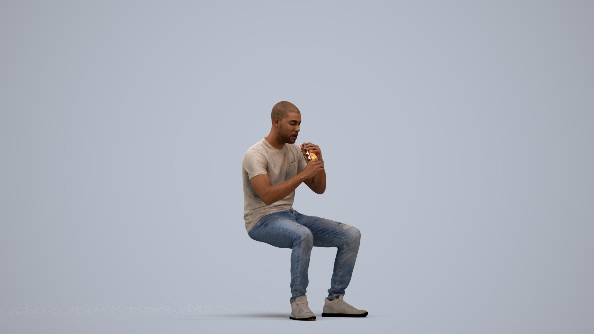 3D human model man casual sitting, photogrammetry scanned person for archviz, standing pose render