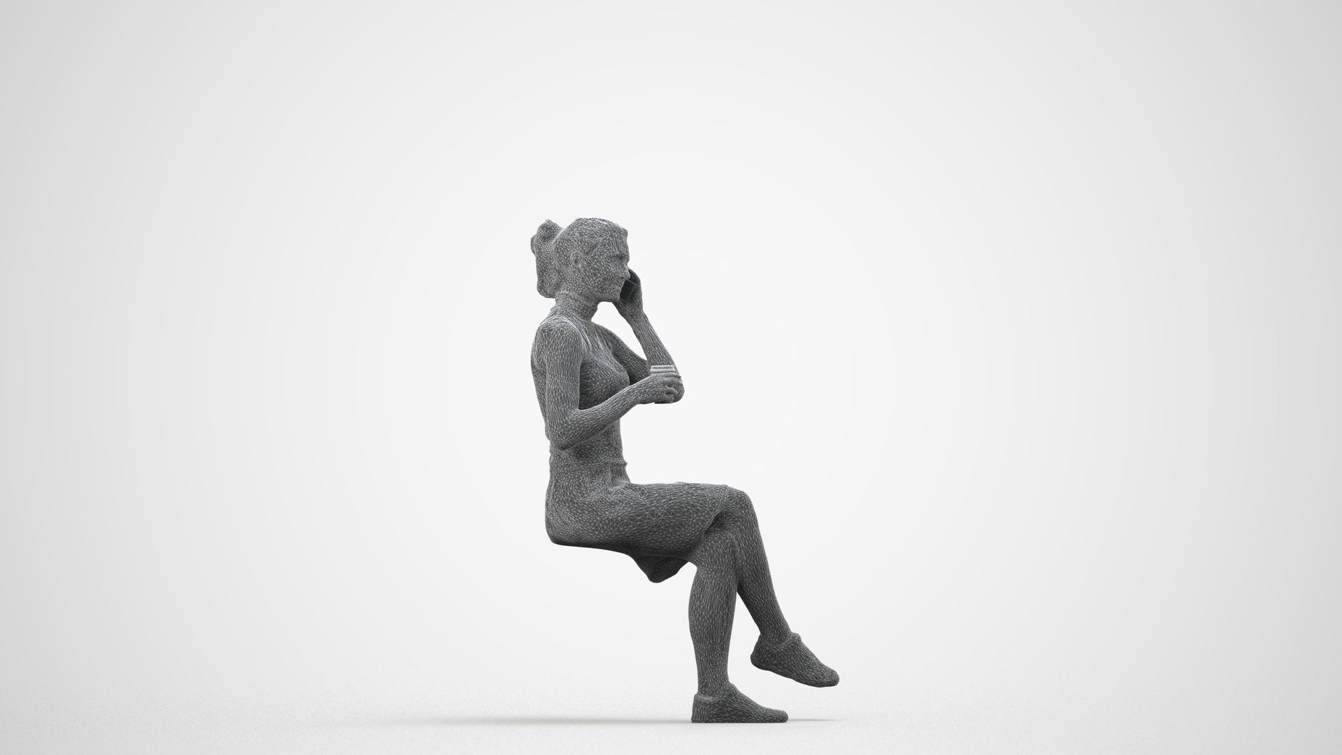 realistic 3D people woman sitting, render-ready for V-Ray and Corona, FBX OBJ, wireframe side view