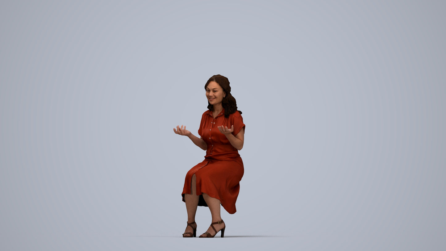 3D human model woman casual sitting, photogrammetry scanned person for archviz, top-down view render
