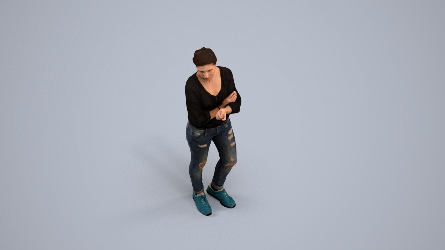3D human model woman casual standing, photogrammetry scanned person for archviz, back view render