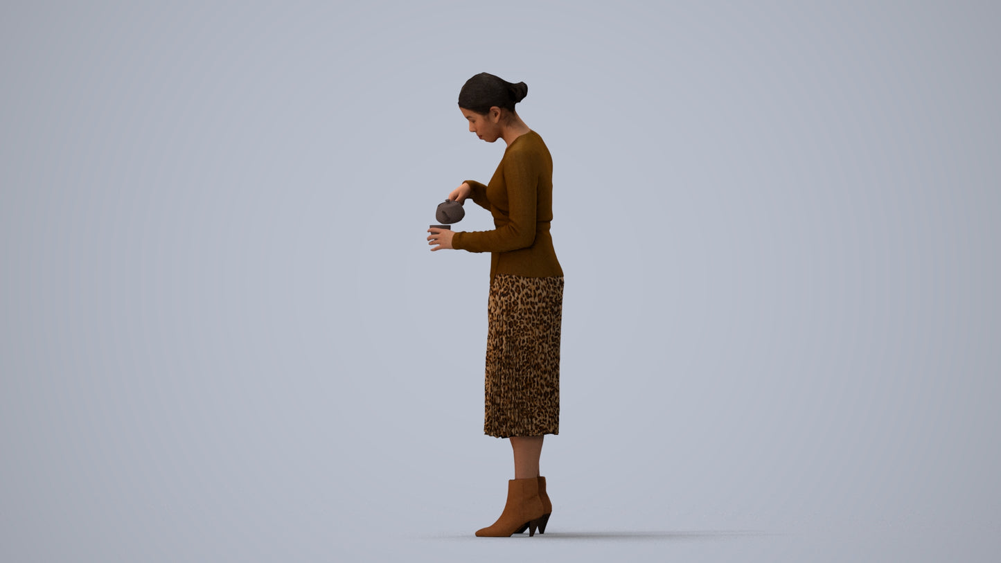 realistic 3D woman casual standing, scanned archviz people for Blender and 3ds Max, three-quarter view render