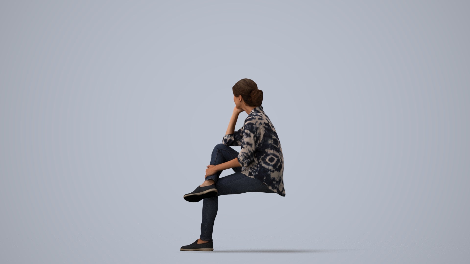 scanned 3D woman casual sitting, photogrammetry people for Enscape and V-Ray, three-quarter view render