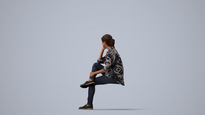 scanned 3D woman casual sitting, photogrammetry people for Enscape and V-Ray, three-quarter view render