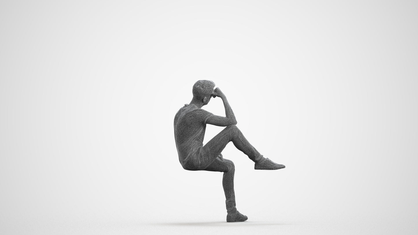 3D people model man casual sitting, scanned human for 3ds Max rendering, wireframe front view