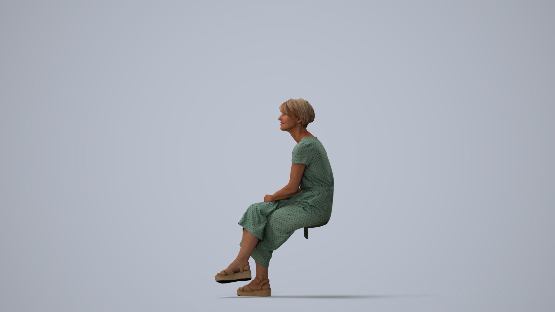 realistic 3D senior woman casual sitting, scanned archviz people for Blender and 3ds Max, three-quarter view render