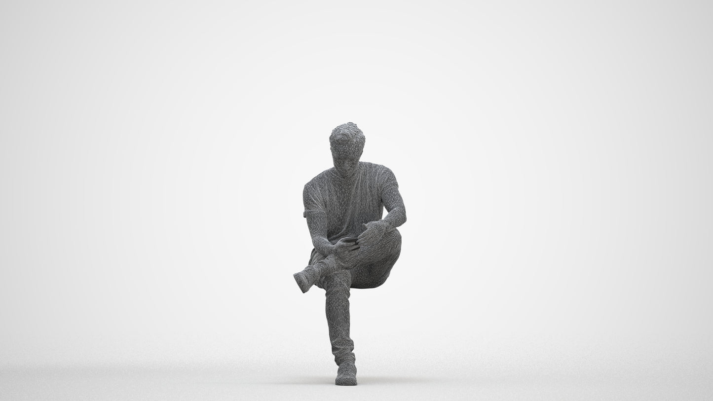 3D scanned man sitting casual, photorealistic archviz people for Enscape and SketchUp, three-quarter front view render