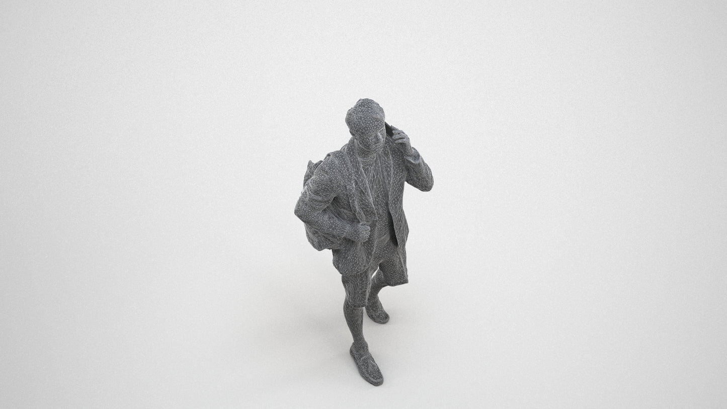 3D human model man business walking, photogrammetry scanned person for archviz, wireframe three-quarter view