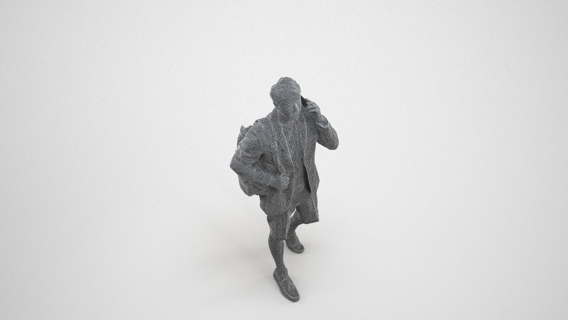 3D human model man business walking, photogrammetry scanned person for archviz, wireframe three-quarter view