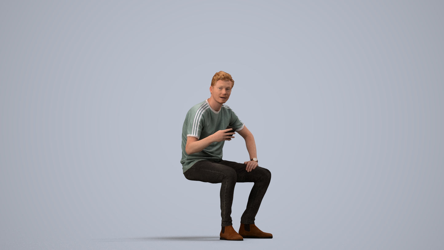 3D human model man casual sitting, photogrammetry scanned person for archviz, side view render