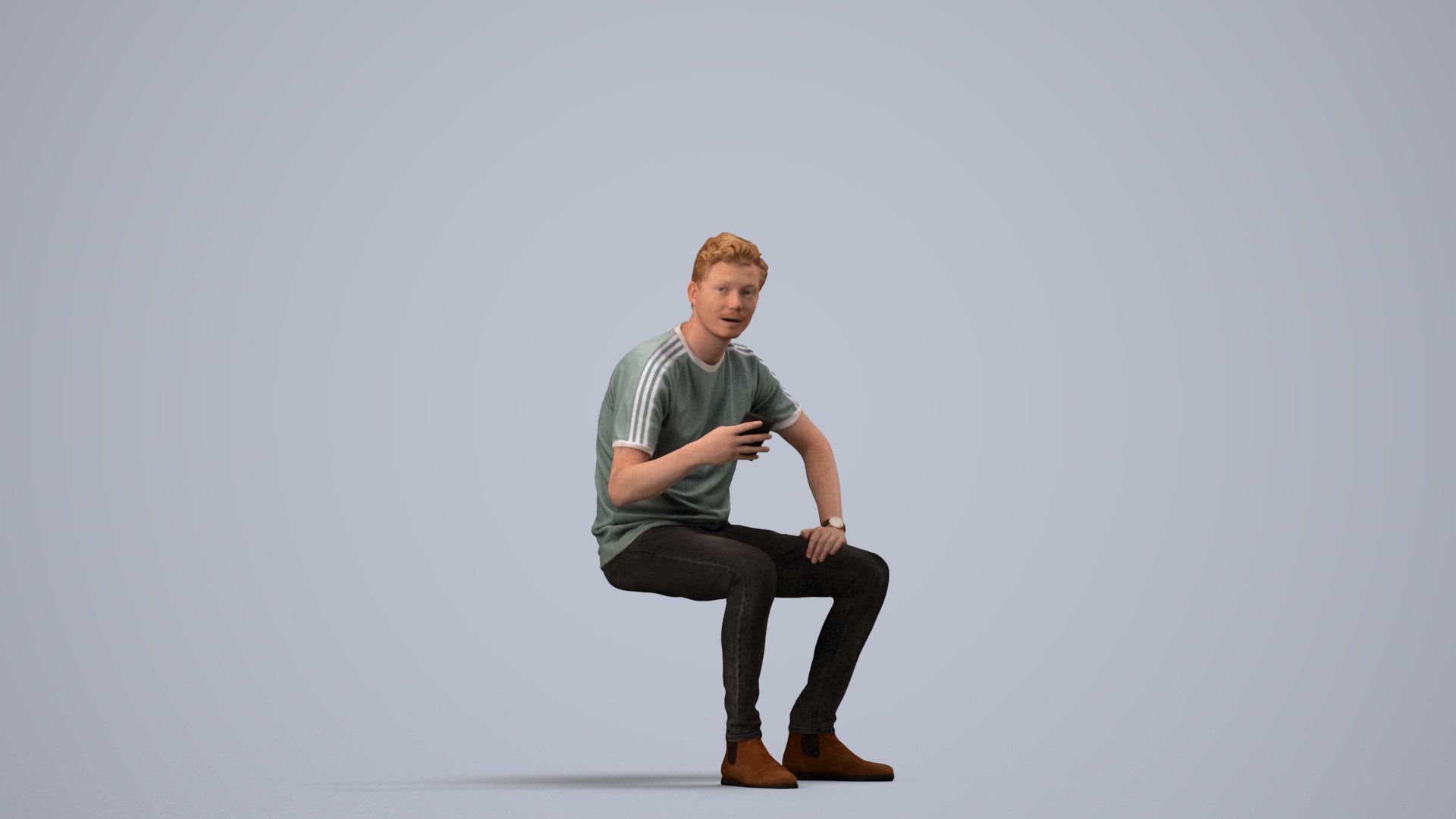 3D human model man casual sitting, photogrammetry scanned person for archviz, side view render