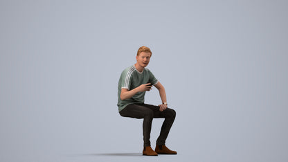3D human model man casual sitting, photogrammetry scanned person for archviz, side view render