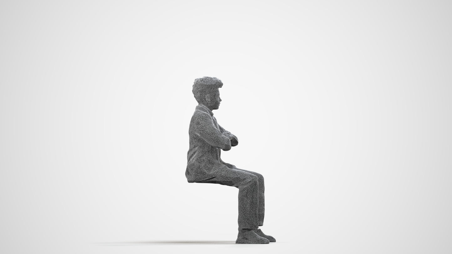 3D people model boy kids, scanned human for 3ds Max rendering, wireframe side view