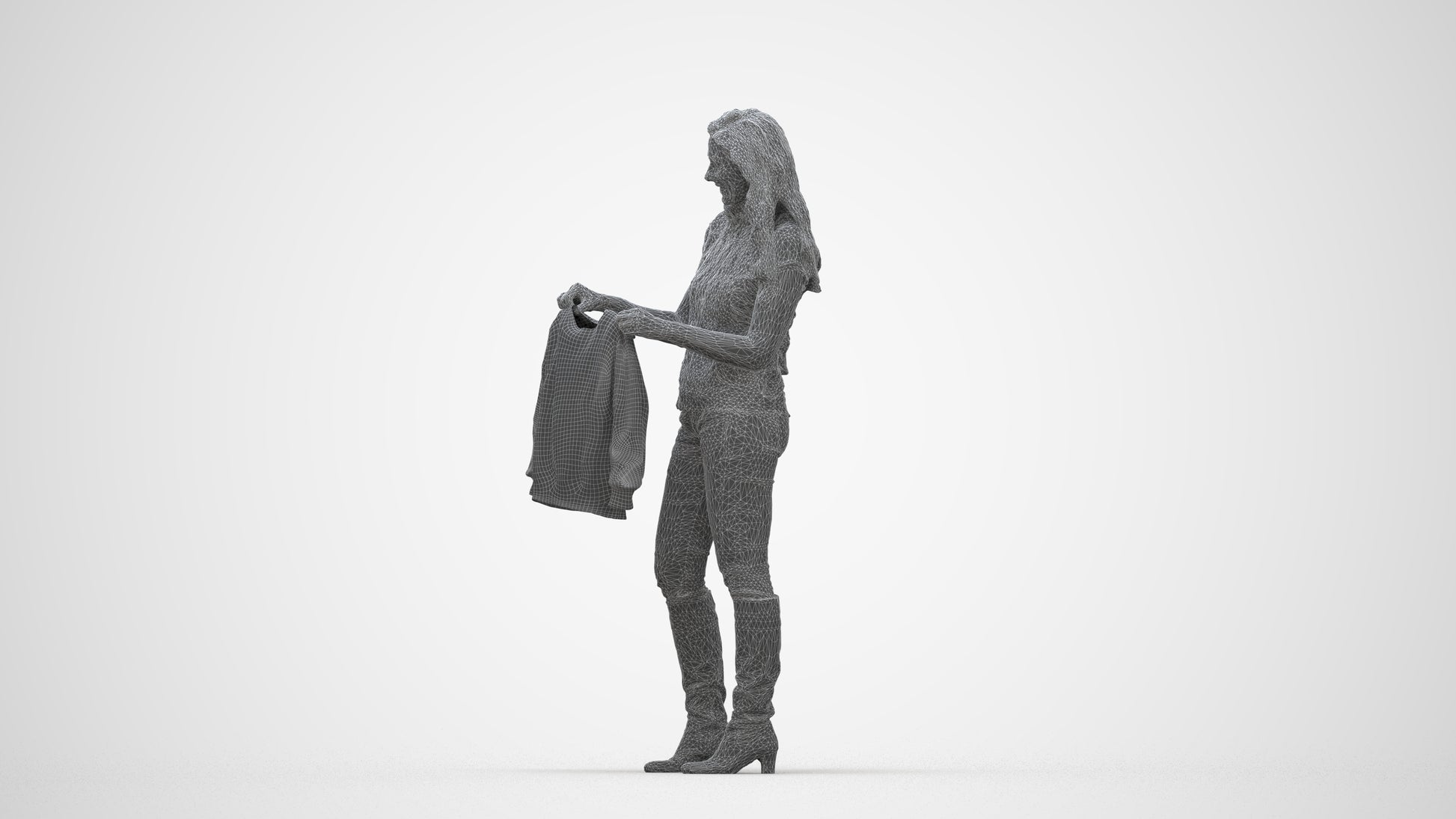 3D people model woman casual standing, scanned human for 3ds Max rendering, wireframe back view