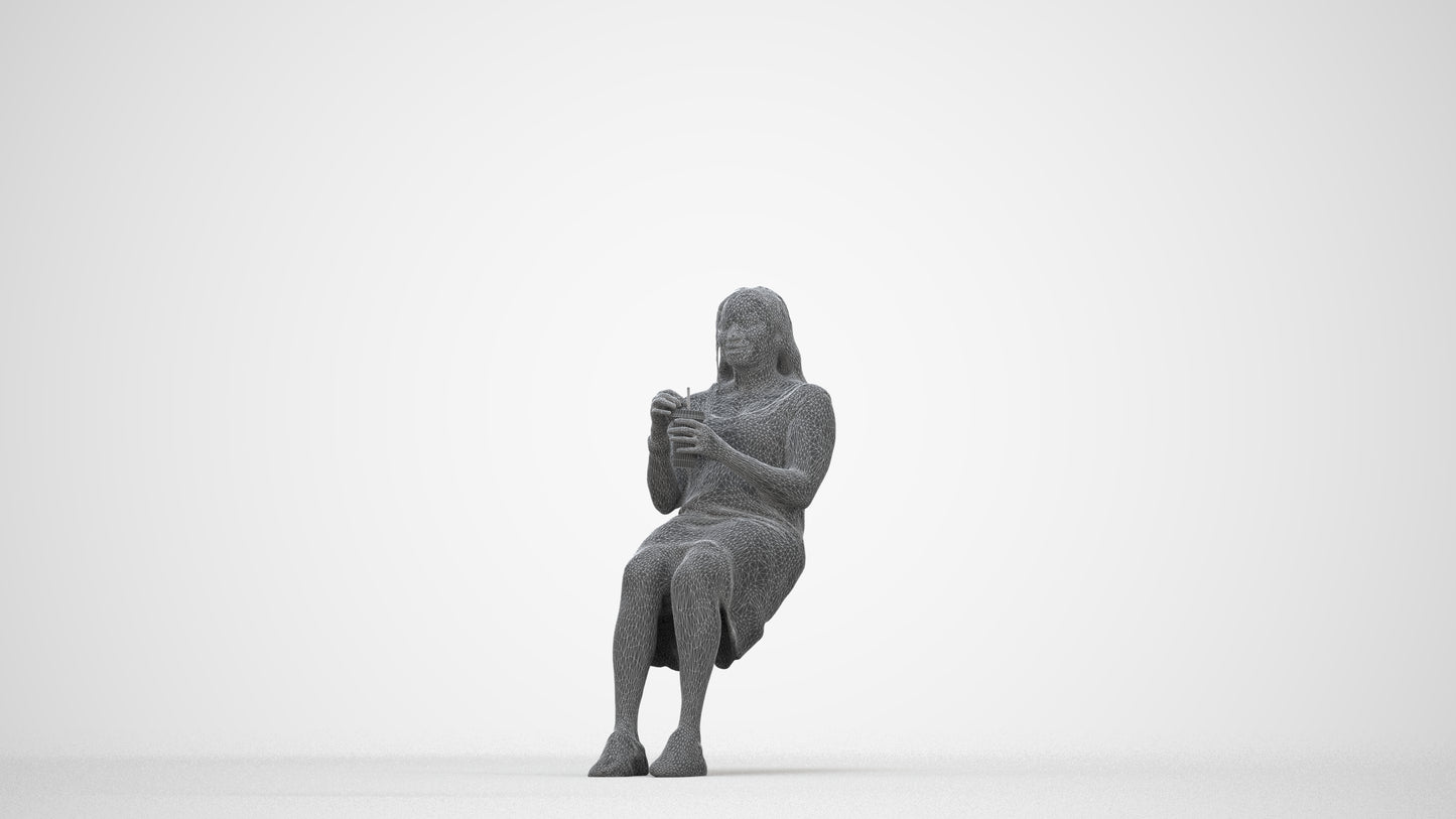 realistic 3D woman casual sitting, scanned archviz people for Blender and 3ds Max, wireframe back view