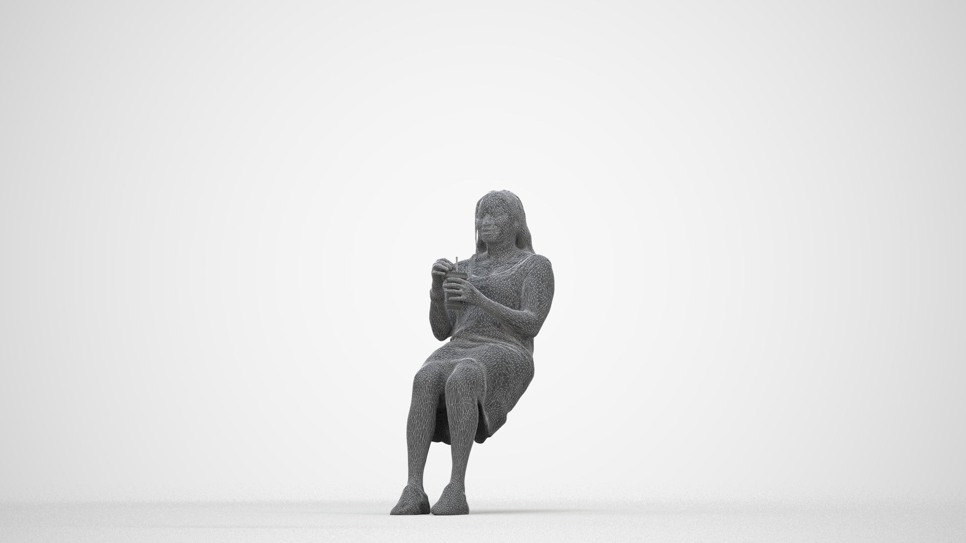 realistic 3D woman casual sitting, scanned archviz people for Blender and 3ds Max, wireframe back view